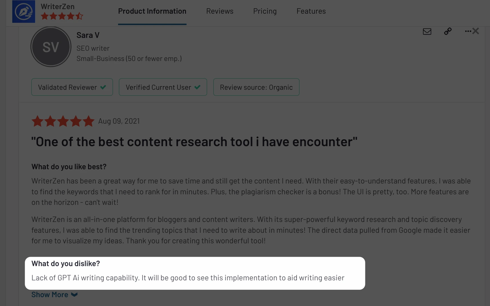 Customer requests an AI feature on WriterZen